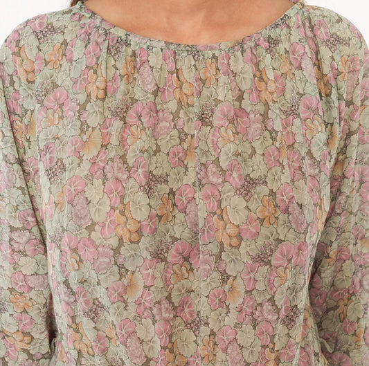 70s Bleeker Petites Floral Blouson Dress Pink Sage Green Tie Sleeve Small Medium