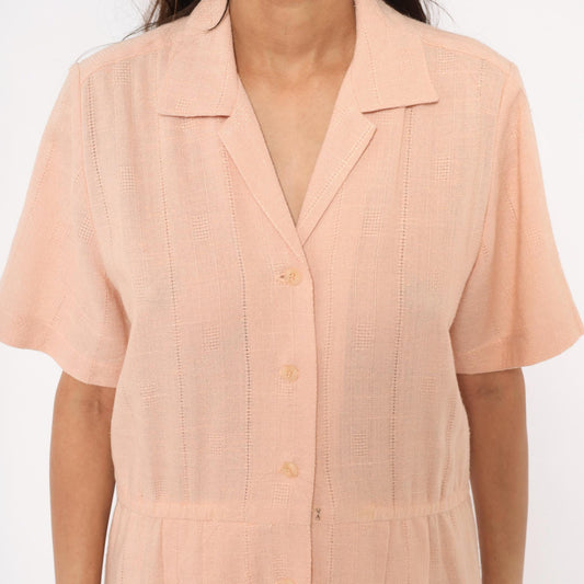 80s Peach Cotton Maxi Shirtdress Camp Collar Pleated Prairie Large L