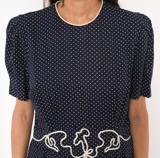 80s Miss Dorby Navy Polka Dot Dress Puff Sleeve Soutache Braid Waist Large L