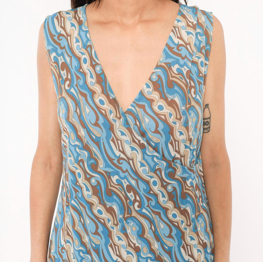 2000s Abstract Swirl Shift Dress V Neck Knee Length Blue Brown Tan Extra Large