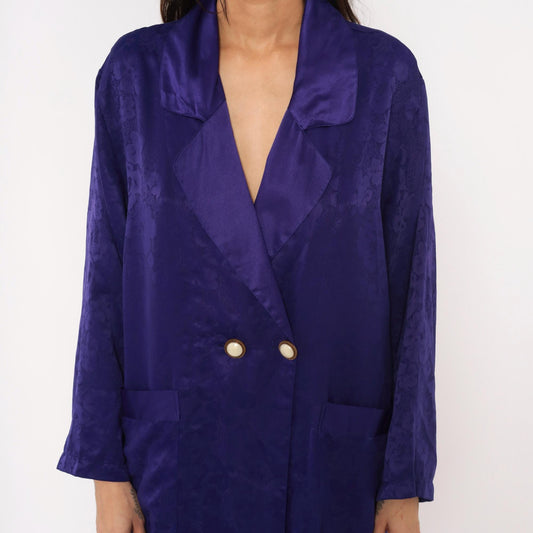 90s Victoria's Secret Purple Jacquard Midi Robe Double Breasted Satin Lapel Small