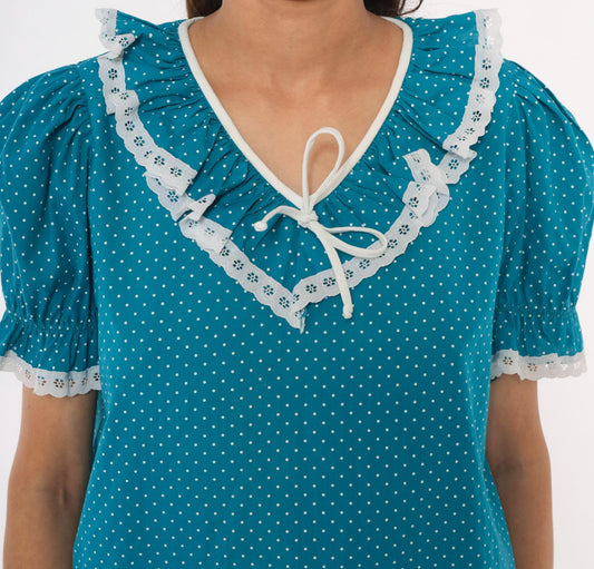 70s Teal Polka Dot Puff Sleeve Blouse Eyelet Lace Trim Cotton Medium