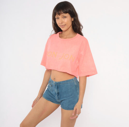 90s Ron Jon Surf Shop Neon Peach Crop Top Cotton Tee One Size