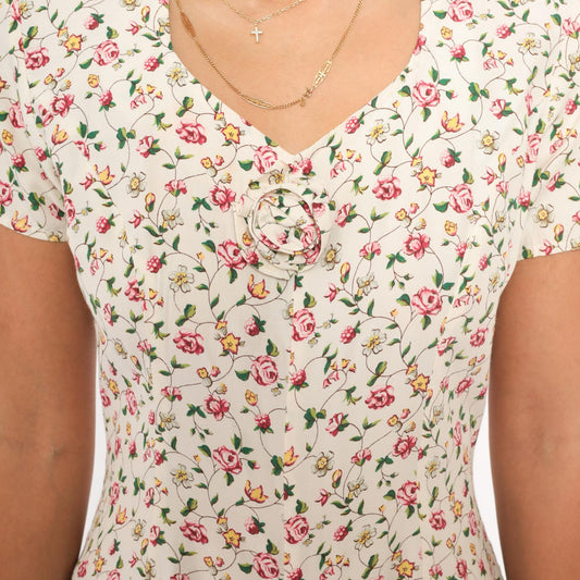 90s Spoiled Girls Floral Mini Romper Cream Rose Print V-Neck Cutout Extra Small XS