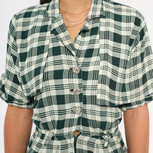 90s Scarlett Green Plaid Romper Button Front Rolled Cuff Small S