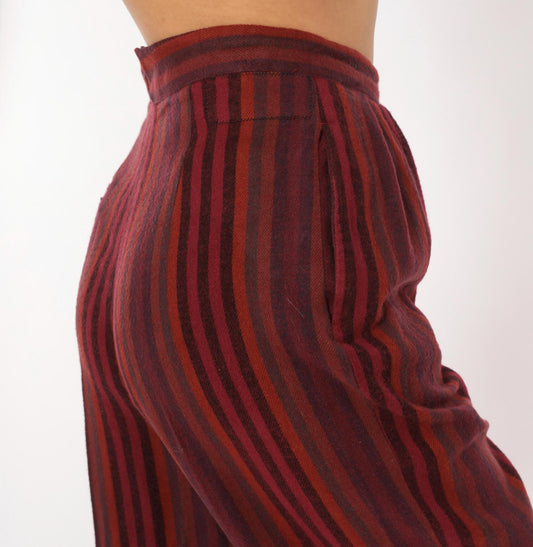 70s Burgundy Striped High Waist Tapered Trousers Pleated Front Small