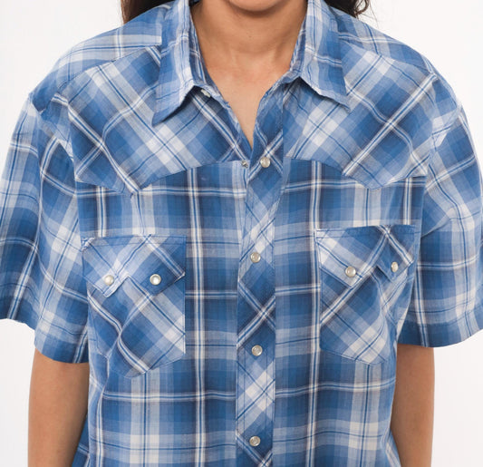 Y2K Wrangler Western Pearl Snap Shirt Blue Plaid Cotton Blend Large L