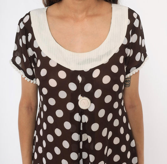 Y2K Polka Dot Babydoll Dress Brown Cream Pom Pom Trim Shift Mini Medium M