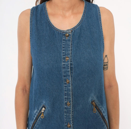 90s Original Ty2 Denim Jumper Dress Midi Button Front Cotton Navy Extra Small