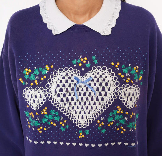 90s PegiGoff Purple Sweatshirt Peter Pan Collar Lace Heart Floral Medium M