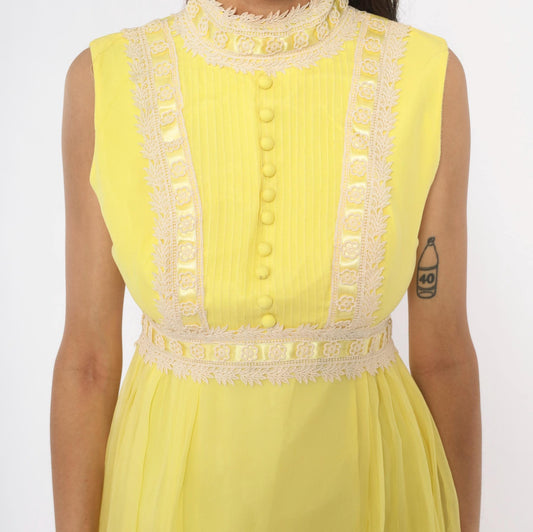 1970s Yellow Chiffon Mini Dress Lace Trim Mock Neck Pintuck Bodice Small