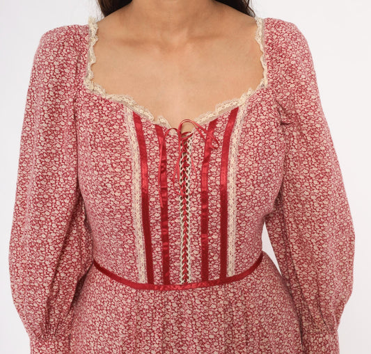 70s Wildes Red Calico Prairie Dress Lace Corset Puff Sleeve Maxi Small