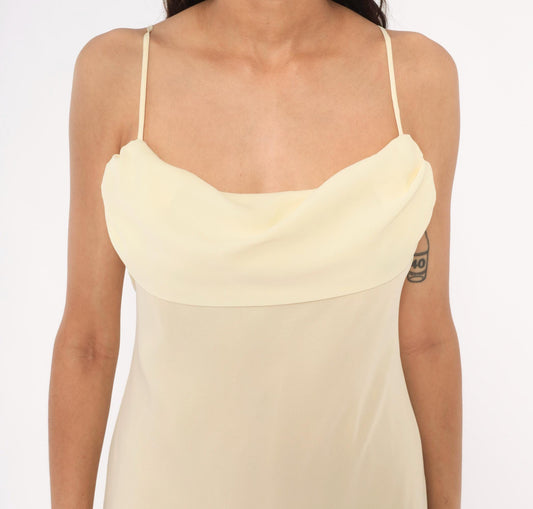 70s Jody Pale Yellow Cowl Neck Maxi Gown Spaghetti Strap Medium M