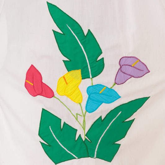 90s Bordados Tiscareño Tropical Appliqué Midi Dress White Cotton Calla Lily Large