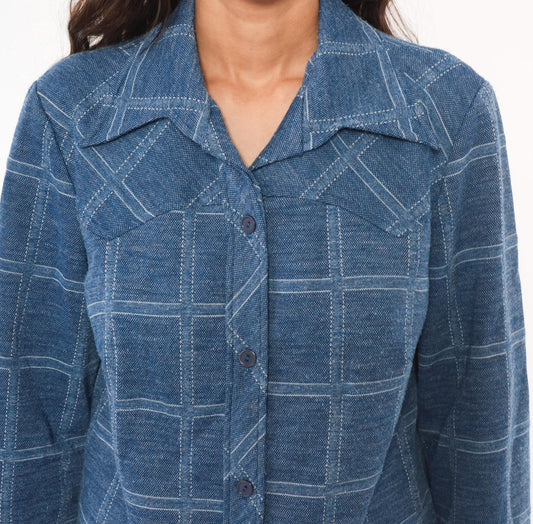 70s Sears Fashions Windowpane Plaid Shirt Navy Blue Pointed Collar Tunic Large