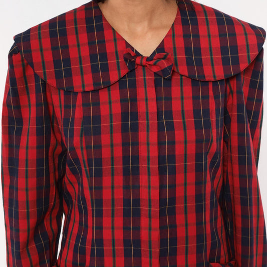 80s Sharon Young Plaid Shift Dress Red Navy Tartan Peter Pan Collar Large L
