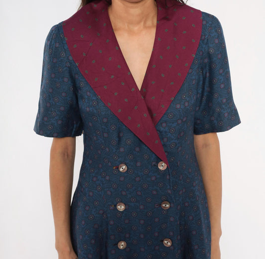 90s Donna Fredericks Navy Paisley Midi Dress Burgundy Shawl Collar Medium M