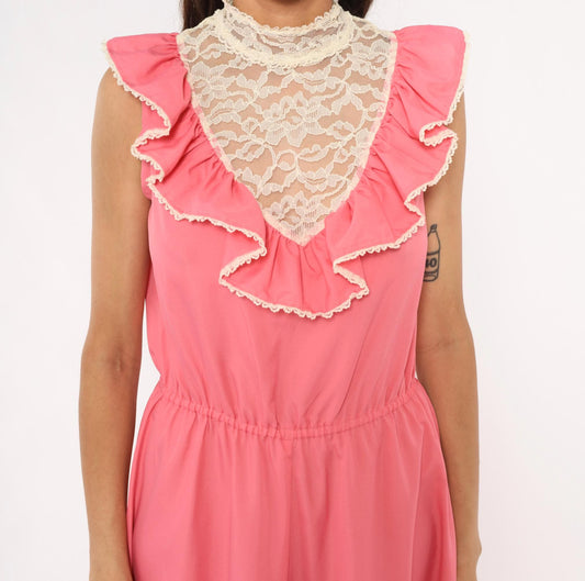 70s Pink Lace Bib Maxi Dress Ruffle Trim High Neck Floral Panel Medium