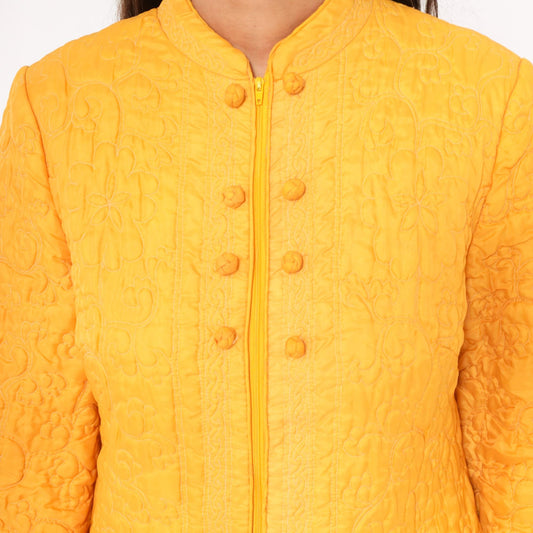 70s Golden Yellow Quilted Maxi Robe Mandarin Collar Floral Embroidered Medium