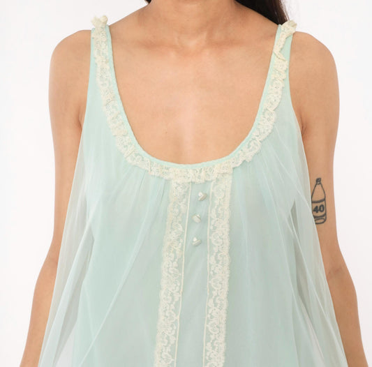 70s Seafoam Babydoll Nightgown Lace Trim Sheer Chiffon Mint Green Mini Medium