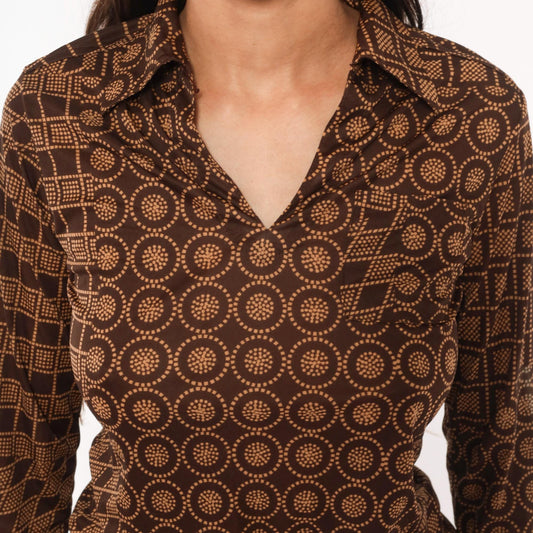 70s Esprit Geometric Dot Print Blouse Brown Tan V Neck Pullover Small