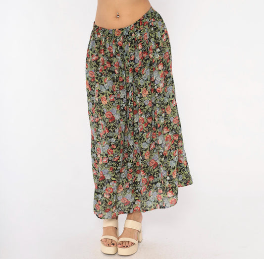 90s Necessary Objects Floral Maxi Skirt Rose Print Pleated Small S