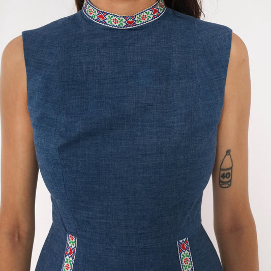 60s Navy Chambray Romper Embroidered Folk Floral Mock Neck Playsuit XS