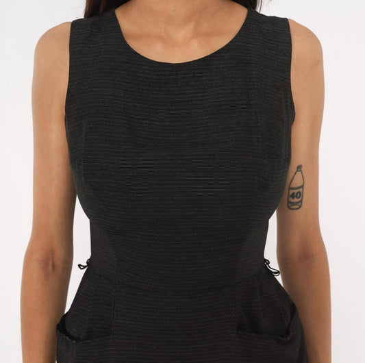 60s Mod Mini Dress Black Grey Pinstripe Sleeveless Shift Extra Small XS