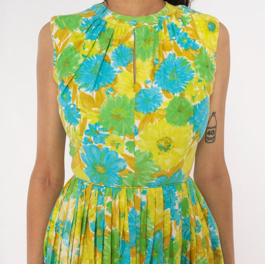60s Floral Fit-and-Flare Sundress Daisy Print Yellow Green Blue Cotton XS