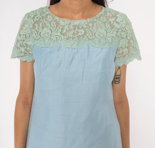 1960s Country Miss Mint Lace A-Line Shift Dress Powder Blue Small