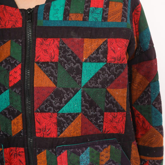90s Quilted Patchwork Bomber Jacket Geometric Star Block Cotton Multicolor Large L