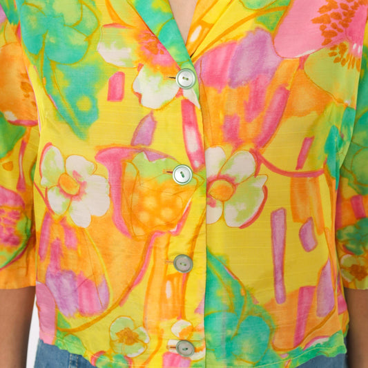 70s Alice Watercolor Floral Button Blouse Yellow Pink Green Small Medium