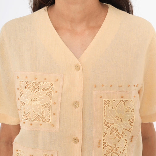 80s Alfred Dunner Cutwork Lace Blouse Cream Floral Embroidered Petite Small