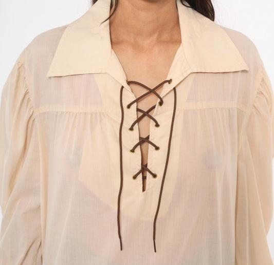 70s Budget Uniforms Cream Lace-Up Peasant Blouse Balloon Sleeve Pointed Collar Medium