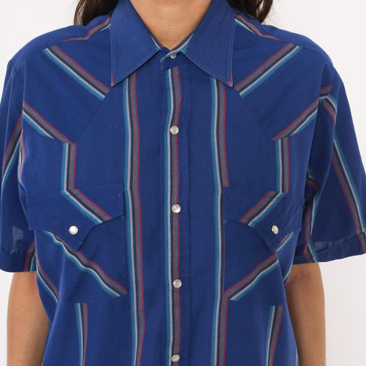 90s Ely Cattleman Western Snap Shirt Cobalt Blue Striped Pearl Button Medium M