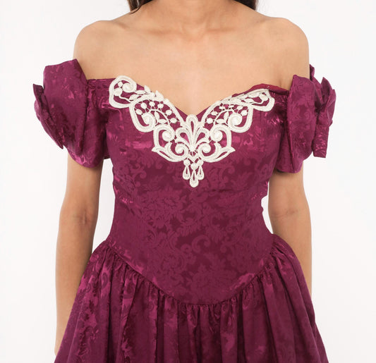 Jessica McClintock 80s Plum Brocade Puff Sleeve Gown Small