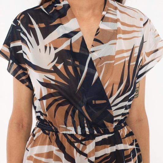 70s Tropical Palm Leaf Wrap Dress Navy Tan Cream Sheer Knee-Length Small Medium
