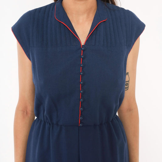 80s Leslie Fay Navy Pintuck Shirtdress Red Piping V-Neck Knee-Length Small Medium