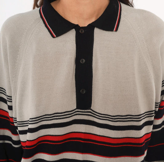 80s Colin Lt Marx Striped Polo Sweater Black Grey Red Raglan Knit Large