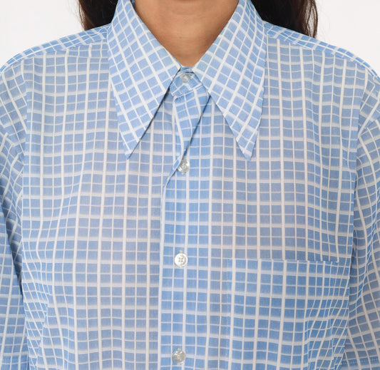 70s Dectolene Blue Windowpane Grid Check Shirt Pointed Collar Extra Large