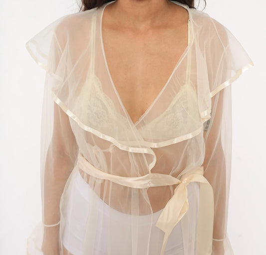 90s Cinema Etoile Sheer Organza Wrap Robe Cream Ruffle Collar Small