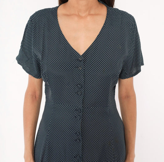 90s New York Style Navy Polka Dot Maxi Dress Button Front Flutter Sleeve Large L