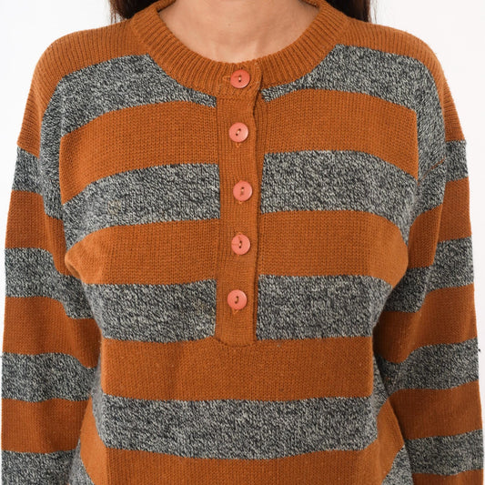 90s Amilano Striped Henley Sweater Mustard Grey Button Front Small