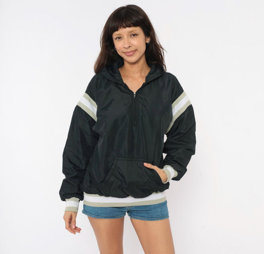90s Russell Athletic Black Hooded Windbreaker Striped Sleeve Small