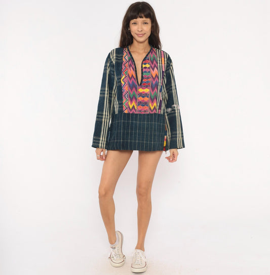 90s Guatemalan Huipil Handwoven Cotton Tunic Indigo Embroidered Medium M