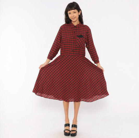 80s Alison Peters Plaid Shirtdress Red Black Tartan Midi Pleated Cotton Medium Large