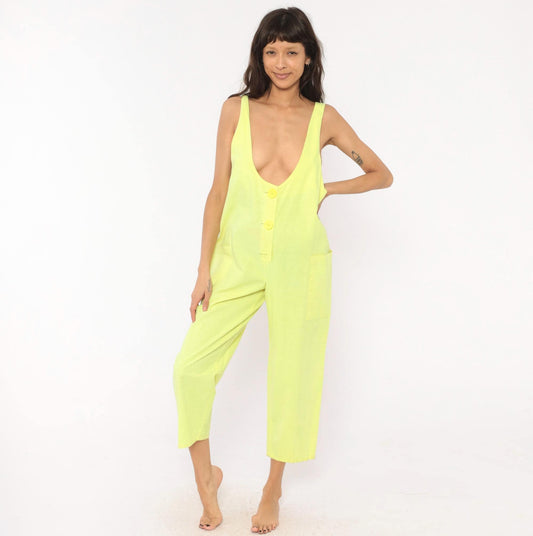 90s Ginger Neon Yellow Cotton Jumpsuit Deep V Neck Ankle Length Medium M