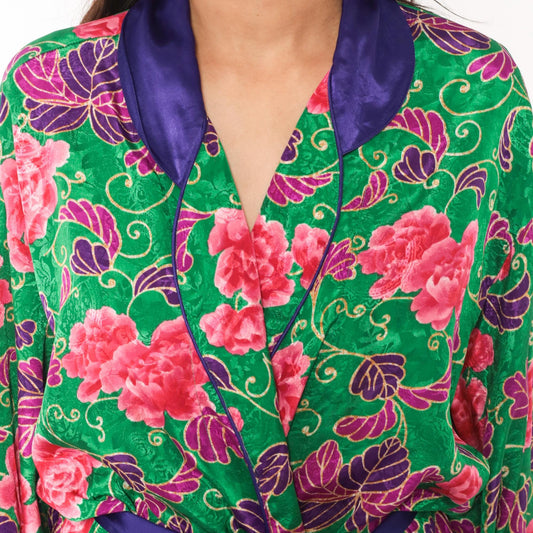 90s Victoria's Secret Green Floral Kimono Robe Satin Trim Medium Large