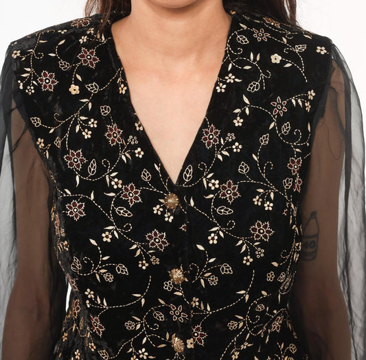 90s Another Thyme Black Velvet Blouse Gold Floral Embroidery Peplum Small