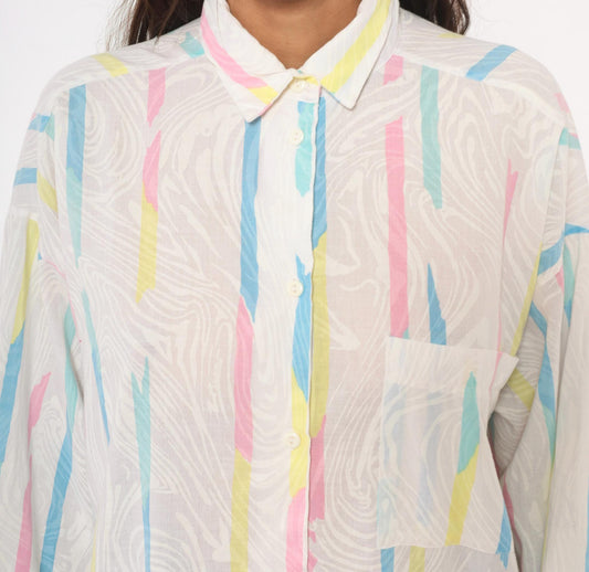 90s Ardmore Abstract Brushstroke Button Blouse Pink Blue Yellow Large L